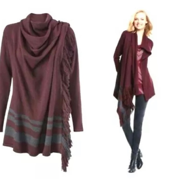 CAbi 3002 Burgundy & Gray Fringe Tunic Sweater Wrap Cardigan Womens Small - Picture 2 of 7
